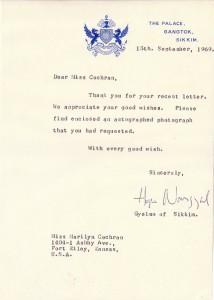 HOPE COOKE NAMGYAL AUTOGRAPH, Queen consort of SIKKIM LETTER