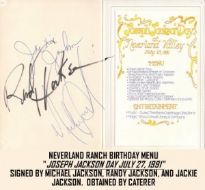 MICHAEL JACKSON AUTOGRAPHED MENU FROM NEVERLAND