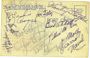 Lou Costello Autograph, Bud Abbot Autograph, Shemp Howard Autograph The Derby Autographed postcard